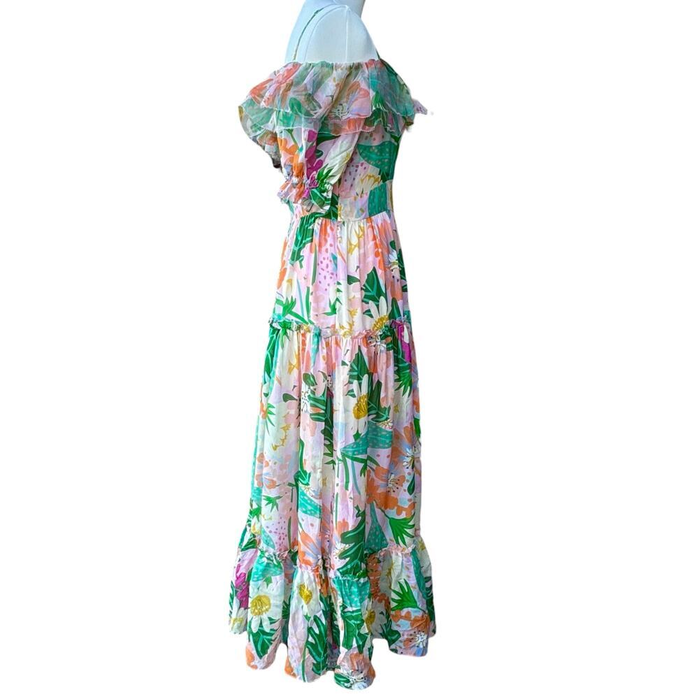 Jessie Liu Silk Summer Floral Tiered Ruffled Midi Dress Resort Pink NWT Small - Picture 2 of 9